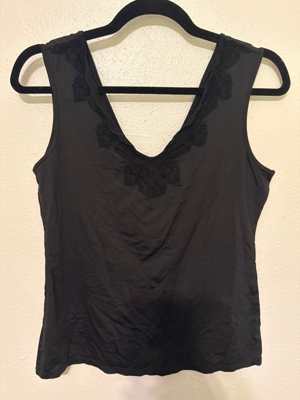 Sofia Shapewear Tank Black with Lace Trim Double V Neck Womans L